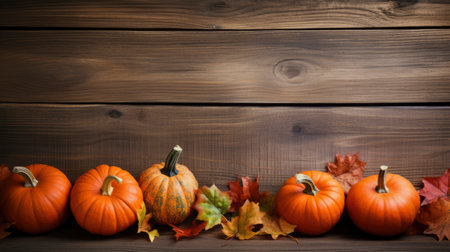 Autumn background with pumpkins and leaves on wooden planks. Generative AIの素材