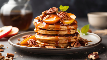 Pancakes with caramel and peaches on a dark background. Generative AIの素材