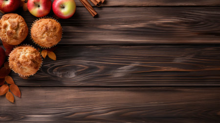 Autumn background with apples, cinnamon and muffins on wooden table Generative AIの素材