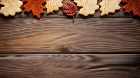 Autumn leaves and gingerbread cookies on wooden background, copy space Generative AIの素材