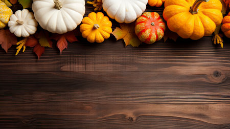 Autumn background with pumpkins and leaves on wooden board. Space for text Generative AIの素材
