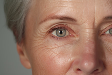 Close up of elderly woman with wrinkles on her face looking at camera Generative AIの素材