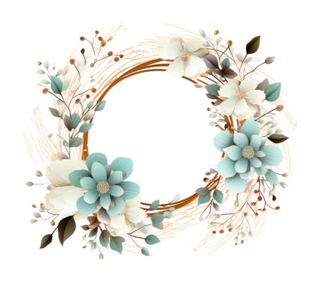 floral wreath with blue and white flowers, branches and leaves. Generative AIの素材