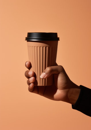 Close up of male hand holding paper coffee cup on orange background. Generative AIの素材