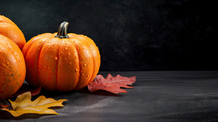 Autumn still life with pumpkins and maple leaves on black background Generative AIの素材