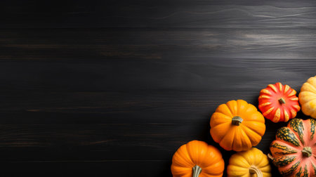 Autumn background with pumpkins on black wooden table. Top view with copy space Generative AIの素材