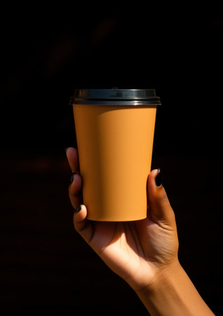 Female hand holding a paper cup of coffee on a black background. Generative AIの素材