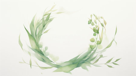 Watercolor wreath made of green leaves on a white background. Generative AIの素材
