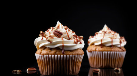 Cupcakes with whipped cream and caramel on a black background. Generative AIの素材