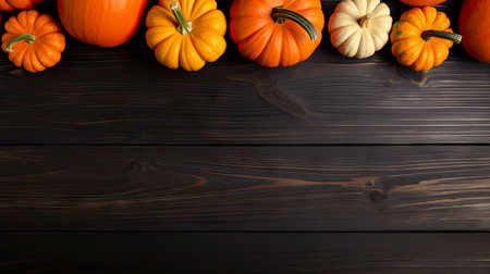 Autumn background with pumpkins on wooden board. illustration. Generative AIの素材