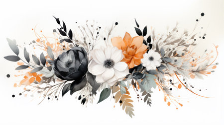 Watercolor floral bouquet with white, black and orange flowers and leaves. Generative AIの素材