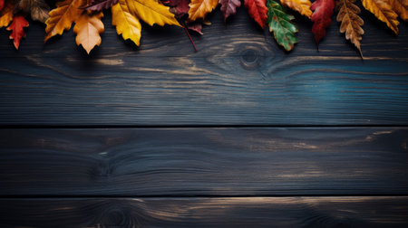 Autumn leaves on dark wooden background with copy space, top view Generative AIの素材