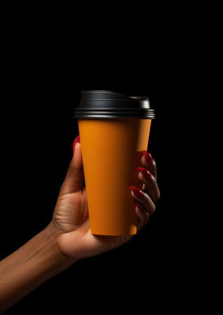 Female hand with red manicure holding paper cup of coffee isolated on black background Generative AIの素材