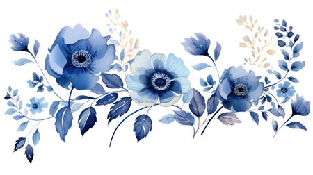 Floral background with blue anemones and leaves. illustration. Generative AIの素材