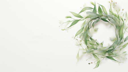 Elegant wreath made of green leaves and flowers on white background. Flat lay, top view Generative AIの素材