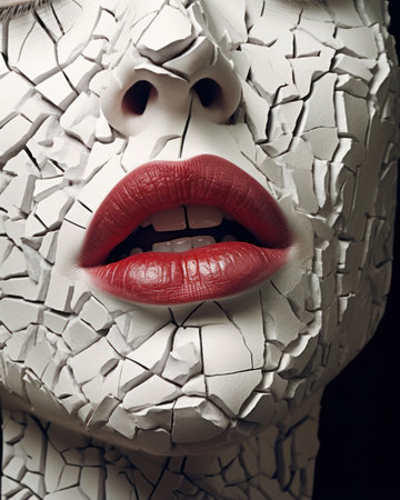 Close-up portrait of a beautiful woman's face made of white broken glass. Generative AIの素材