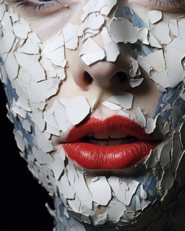 Fashion portrait of young beautiful woman with creative make-up and painting on her face. Generative AIの素材