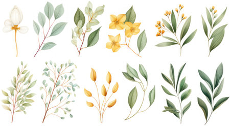Set of eucalyptus leaves and flowers. illustration. Generative AIの素材