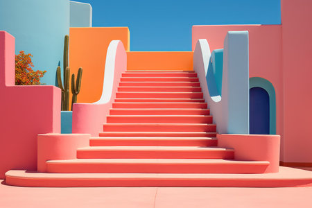 3D rendering of a stairway leading to the desert. 3D rendering. Generative AIの素材