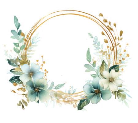 Watercolor floral wreath with flowers, leaves and branches. illustration. Generative AIの素材
