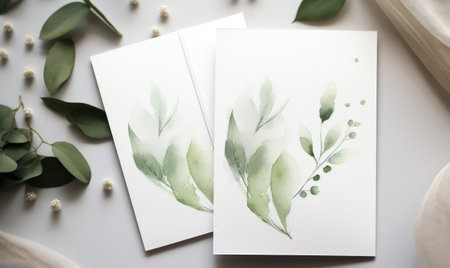Handmade greeting cards with eucalyptus branches on white backgroundの素材