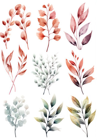 Watercolor set of leaves and branches. Hand drawn vector illustration. Generative AIの素材