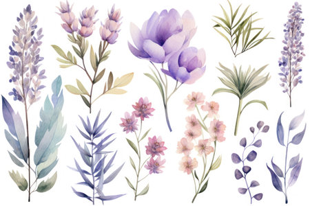 Beautiful vector image with nice watercolor crocus and lavender flowers Generative AIの素材