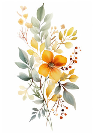 Beautiful vector card with nice watercolor flowers and leaves on white background Generative AIの素材