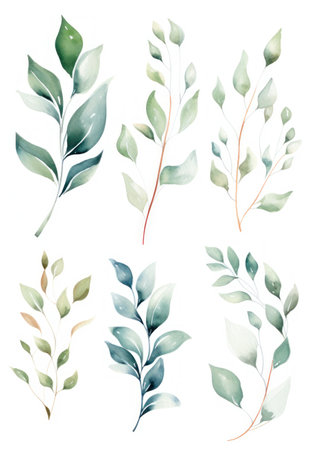 Watercolor set of leaves and branches. Hand drawn vector illustration. Generative AIの素材