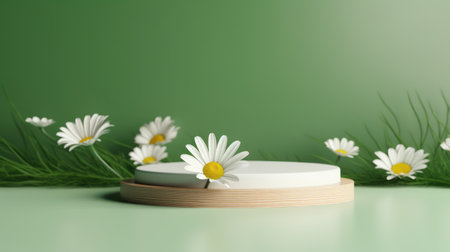 3d render of white podium with daisies on green background Generative AIの素材