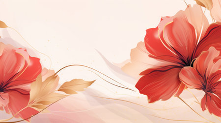 Floral background with red hibiscus flowers and golden leaves. Generative AIの素材