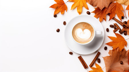 Cup of coffee and autumn leaves on white background. Flat lay, top view Generative AIの素材