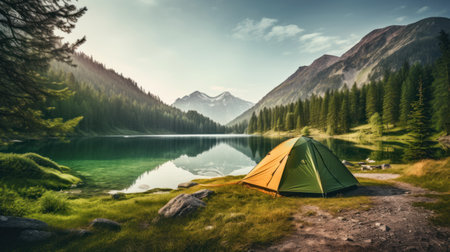 Camping on the shore of lake in mountains. Toned. Generative AIの素材
