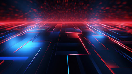 abstract 3d illustration of glowing square maze in blue and red Generative AIの素材