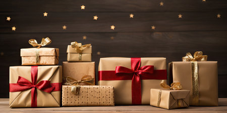 Gift boxes on wooden background. Christmas and New Year concept. Generative AIの素材
