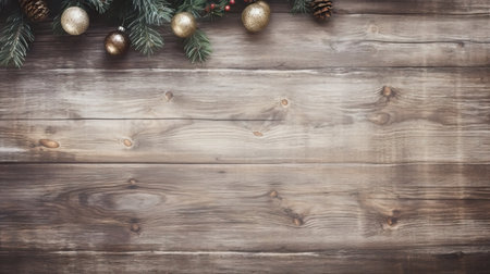 Christmas background with fir tree branches and golden baubles on wooden board Generative AIの素材