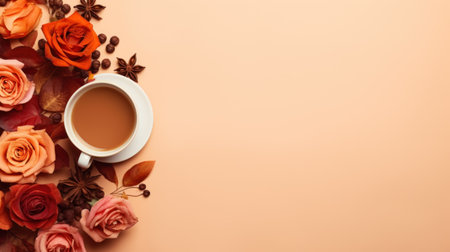 Cup of coffee with autumn leaves and flowers on orange background. Generative AIの素材