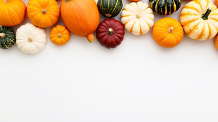 Autumn composition. Pumpkins on white background. Flat lay, top view, copy space Generative AIの素材