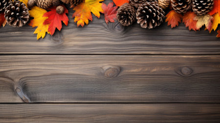 Autumn background with pine cones and colorful leaves on old wooden board Generative AIの素材