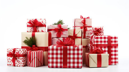 Gift boxes with red bows on a white background. 3d rendering. Generative AIの素材