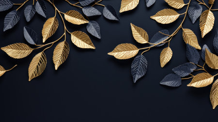 Elegant golden leaves on dark blue background. 3d render Generative AIの素材