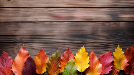 Autumn leaves on wooden background with copy space for your text. Generative AIの素材