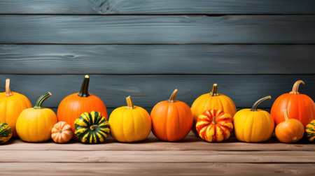 Colorful pumpkins on wooden background. Halloween or Thanksgiving background. Generative AIの素材