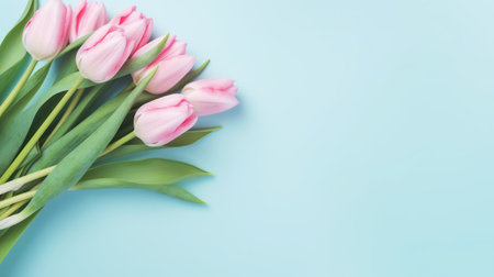 Bouquet of pink tulips on blue background with copy space Generative AIの素材