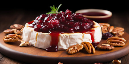 cheesecake with cranberry sauce and nuts on a wooden background Generative AIの素材