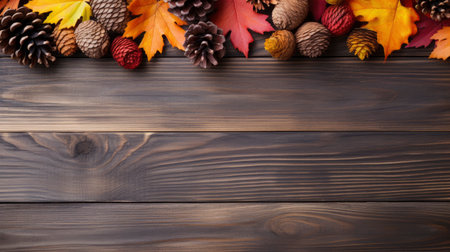 Autumn leaves and pine cones on wooden background with copy space. Generative AIの素材