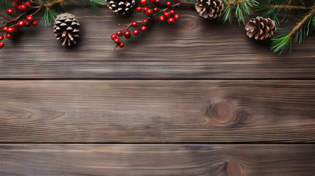 Christmas background with fir branches, cones and rowan berries on wooden board Generative AIの素材