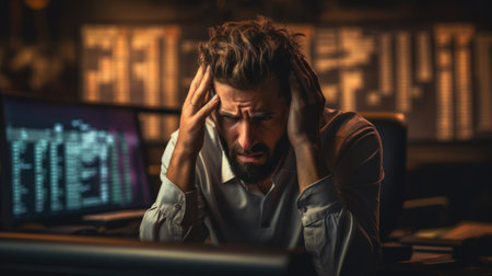 Stressed man working late at night in the office with computer. Generative AIの素材