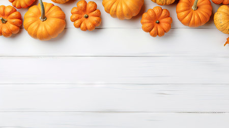 Autumn background with pumpkins on white wooden table. Top view with copy space. Generative AIの素材