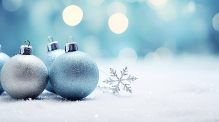 Blue Christmas baubles on snow with bokeh background. Generative AIの素材